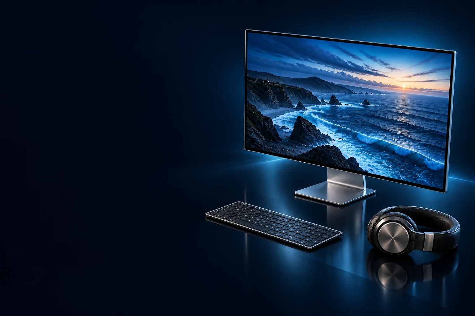 StabiLink Desktop — компьютер и наушники в фирменной сине-бирюзовой композиции